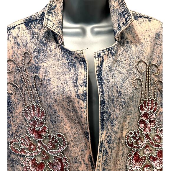 Designs USA Vintage Acid Washed Long Embellished Bejeweled Pink Denim Duster - Picture 4 of 16